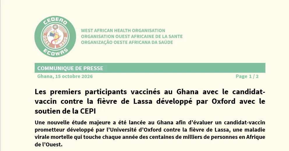 Les premiers participants vaccinés au Ghana avec le candidat-vaccin contre la fièvre de Lassa développé par Oxford avec le soutien de la CEPI 