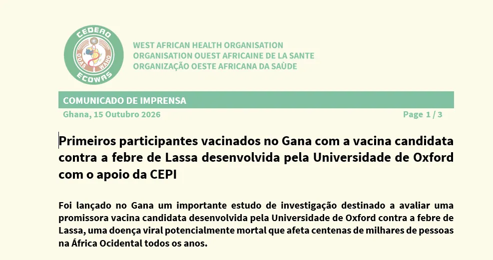 Primeiros participantes vacinados no Gana com a vacina candidata contra a febre de Lassa desenvolvida pela Universidade de Oxford com o apoio da CEPI